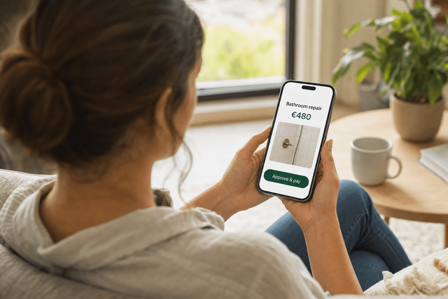 A customer approving and paying a Jomioz estimate from her phone at home