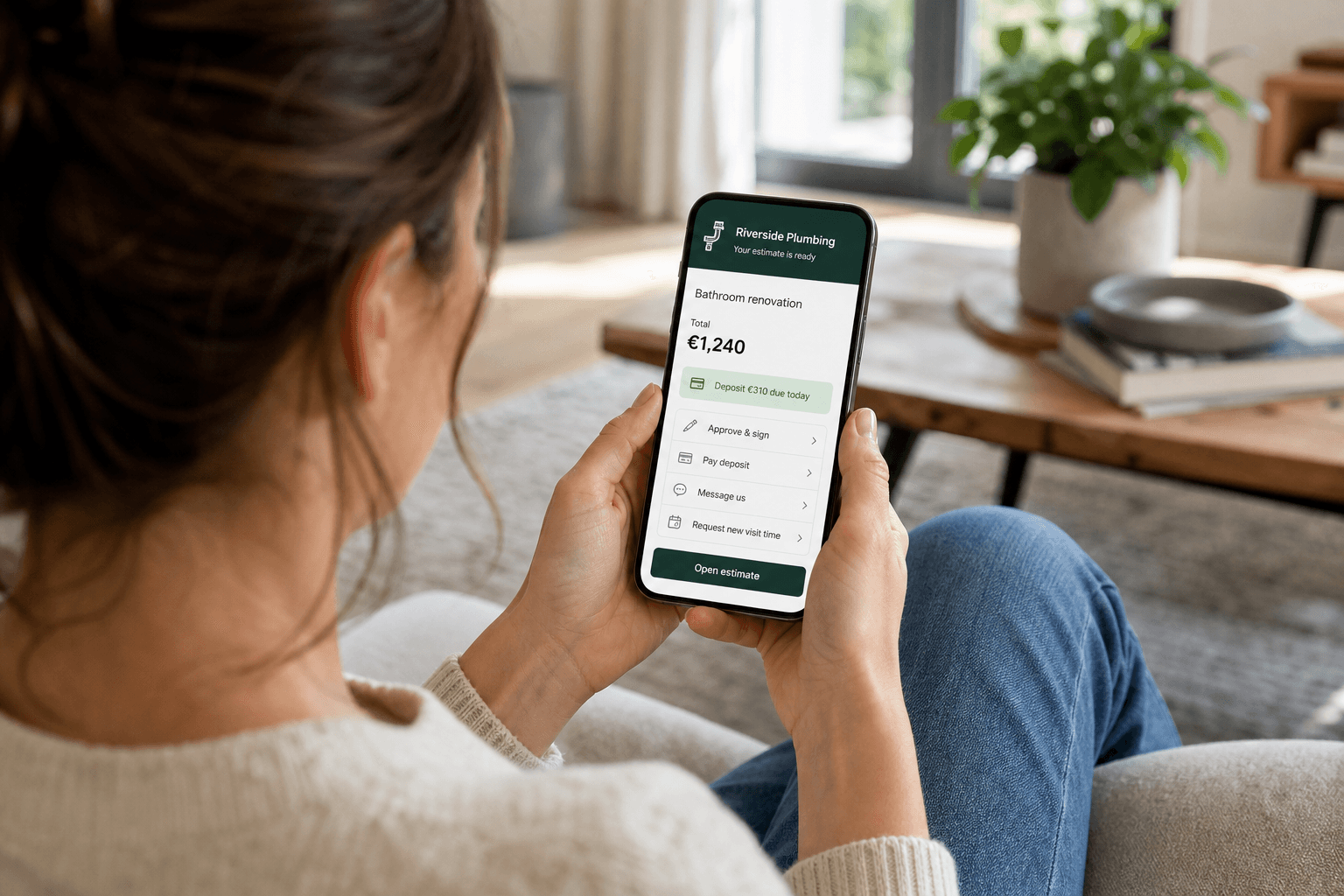 Customer Client Hub on a phone — approve, pay deposit, and message