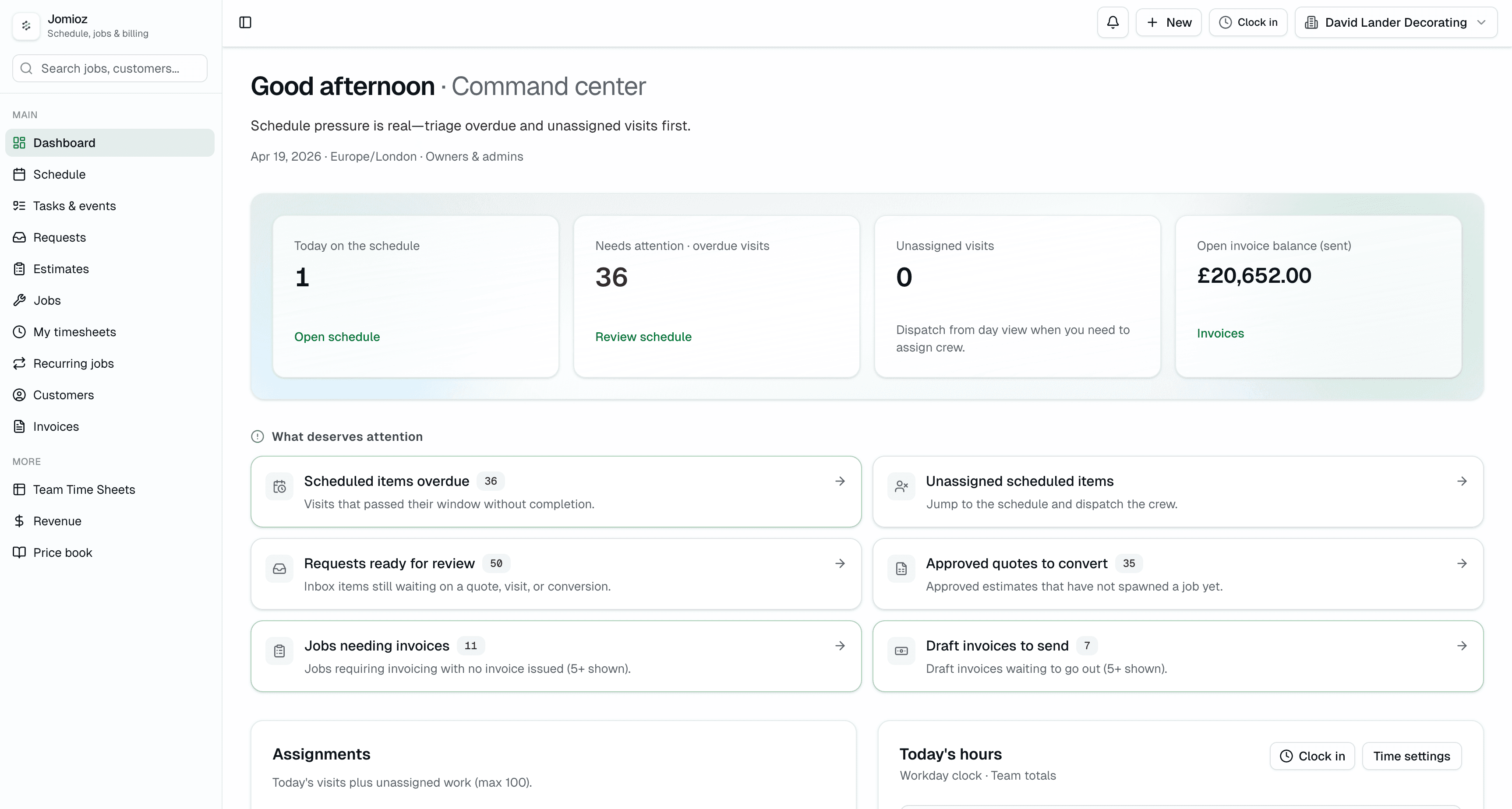 The Jomioz dashboard showing today's jobs, revenue and outstanding invoices
