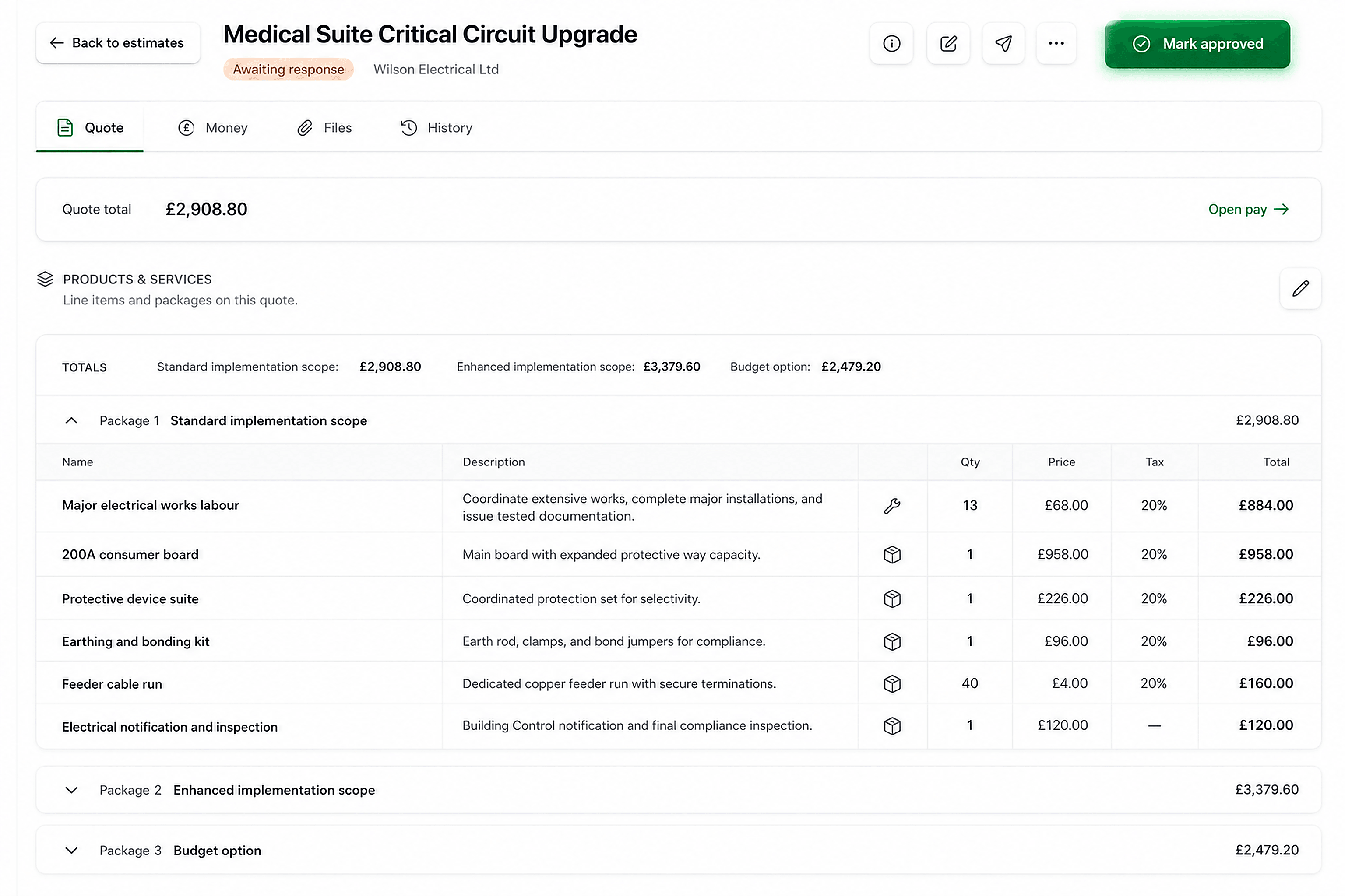 Estimate — packages, line items, and quote total ready to approve