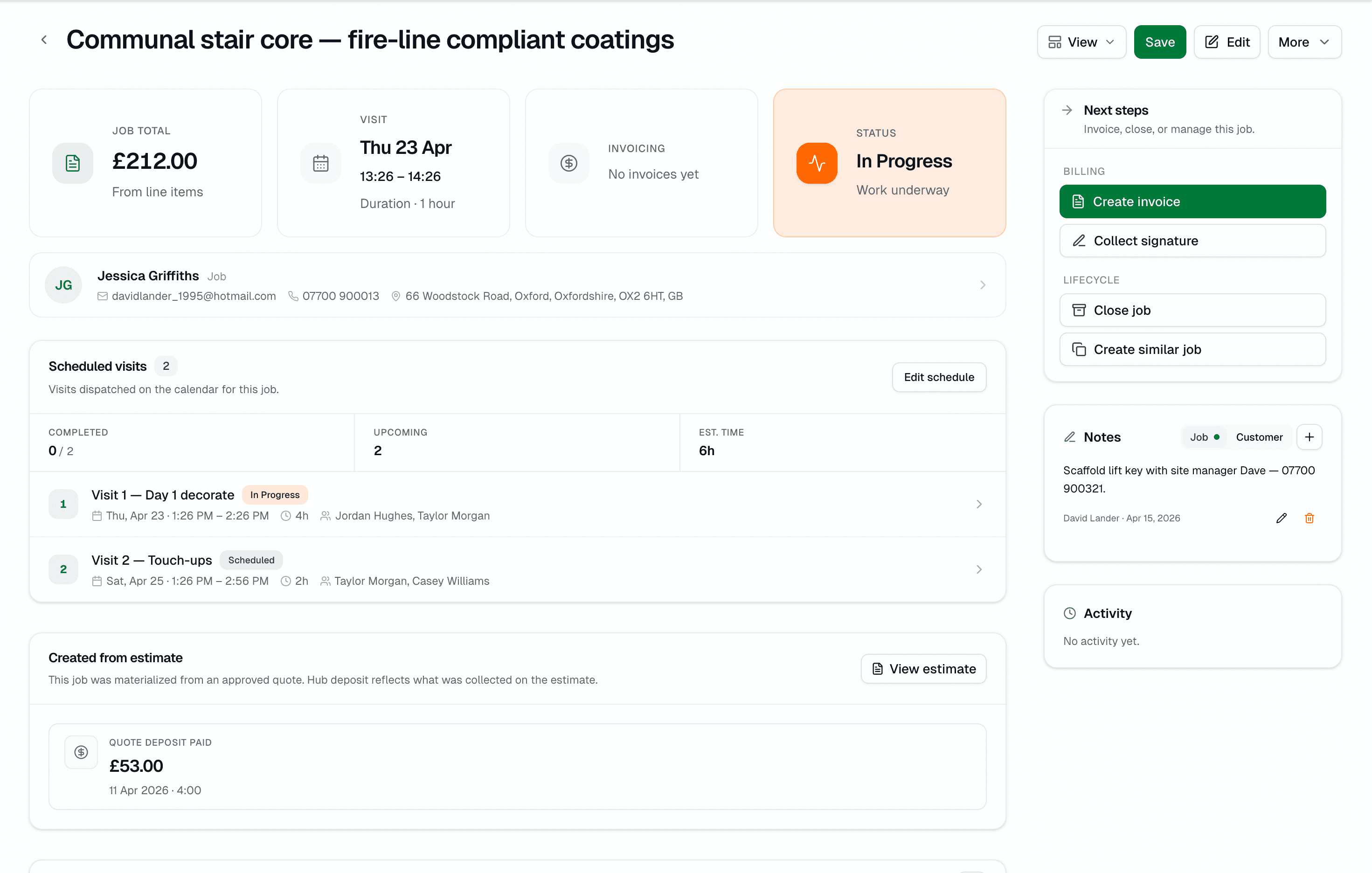 A Jomioz job with an AI-drafted estimate, line items and client message ready for approval