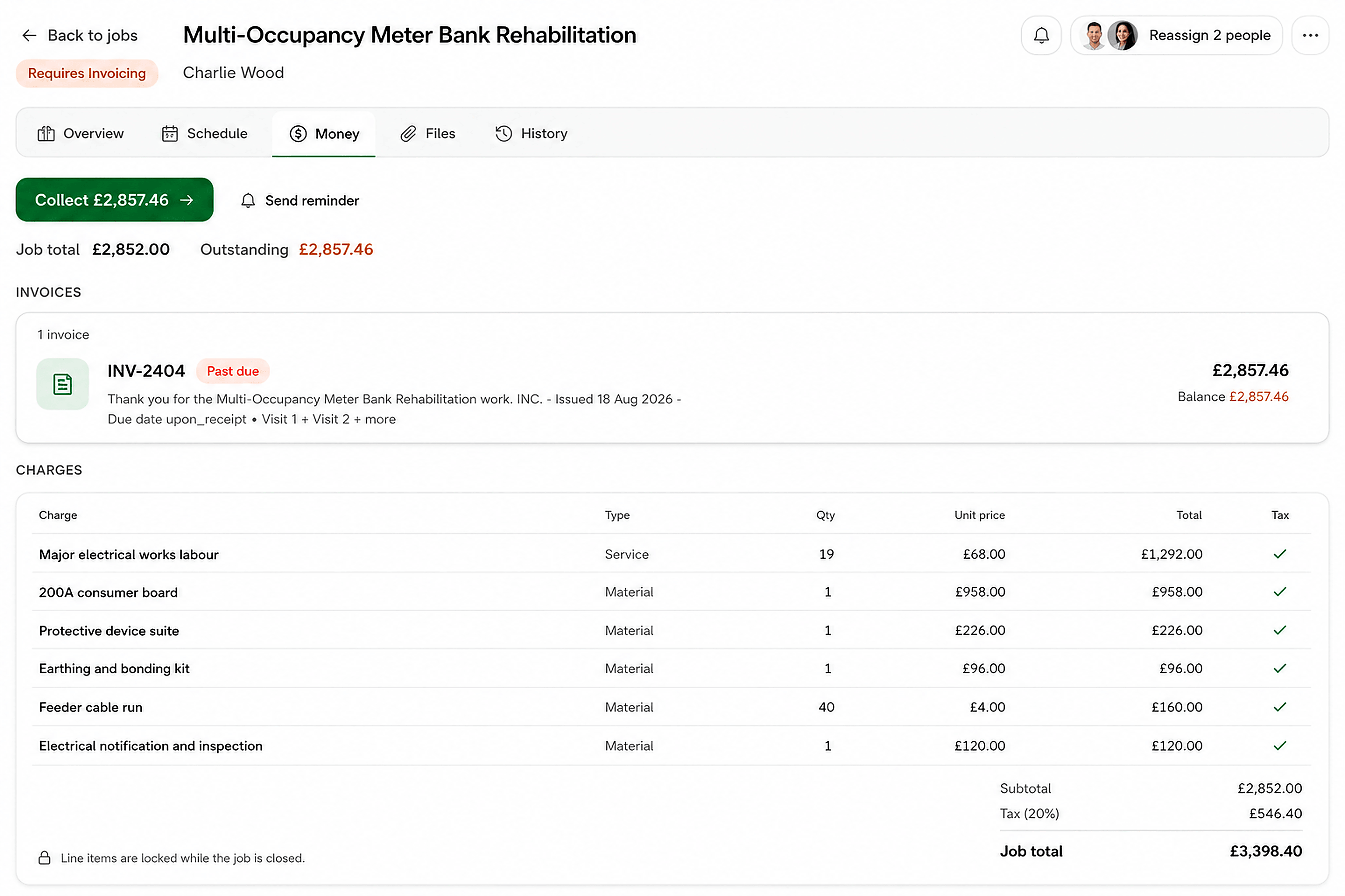 Job money — collect payment, invoices, and line items on the job