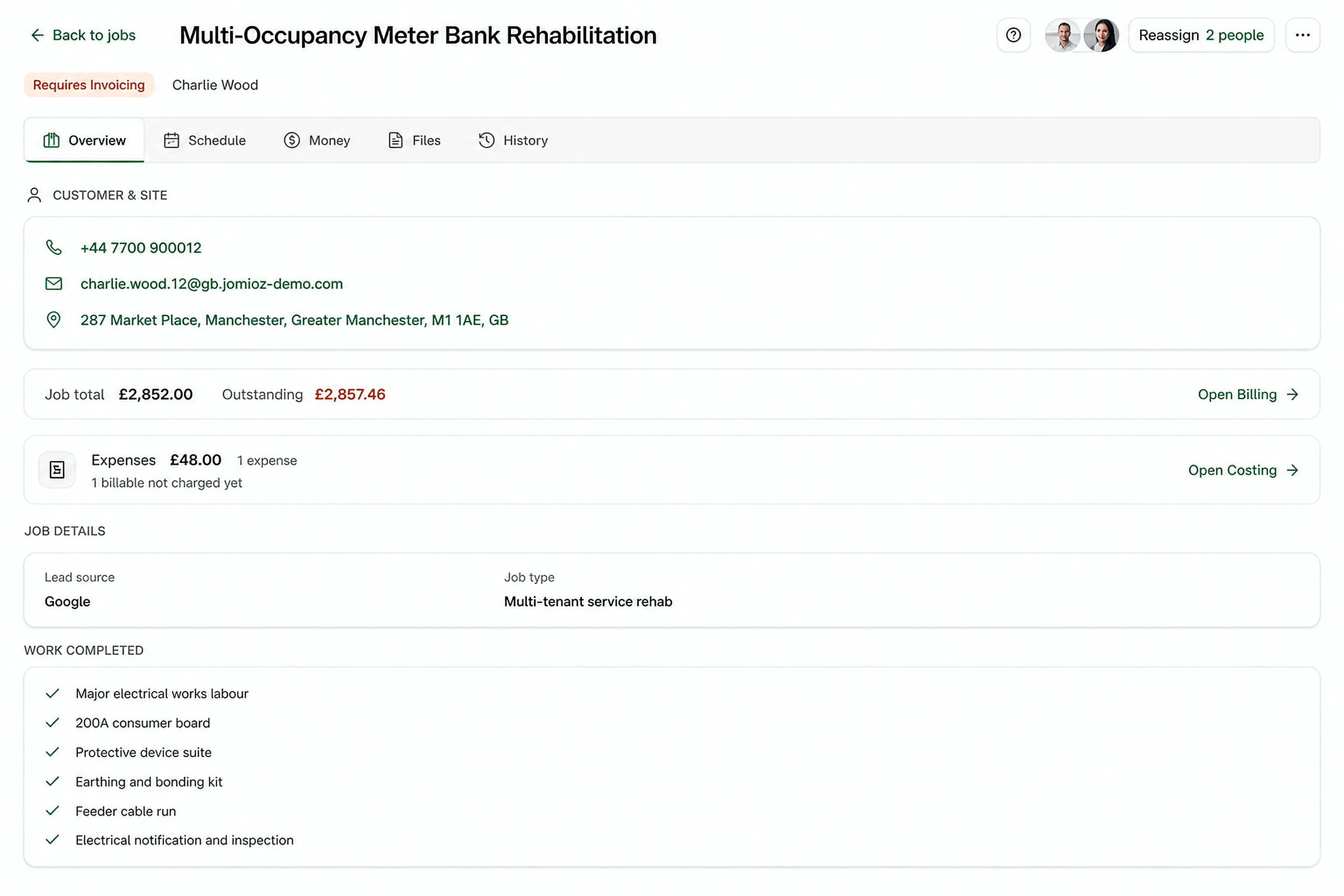 Job overview — customer, site, balance, and completed work on one record