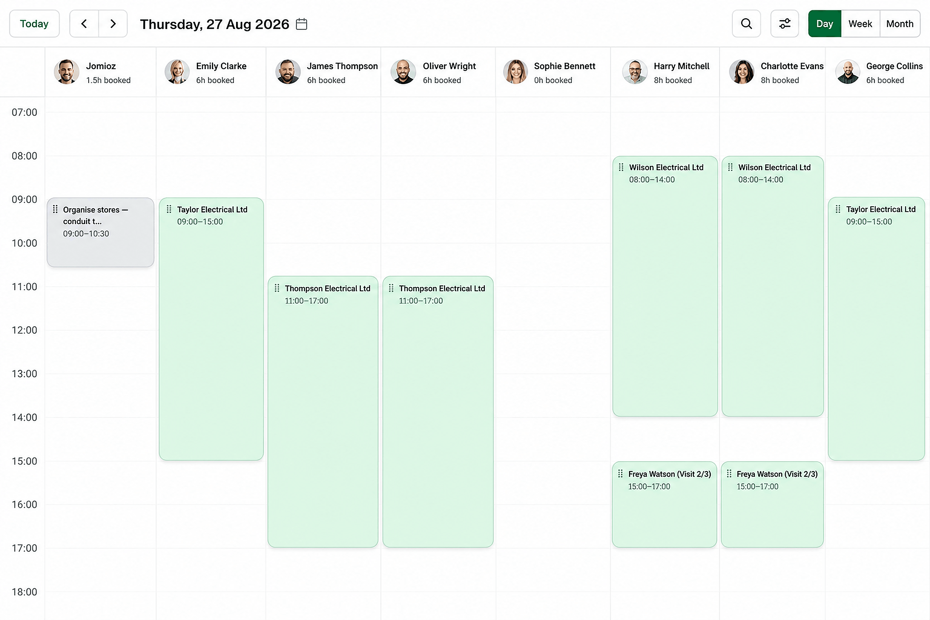 Jomioz day schedule — crew columns with jobs, visits, and hours booked