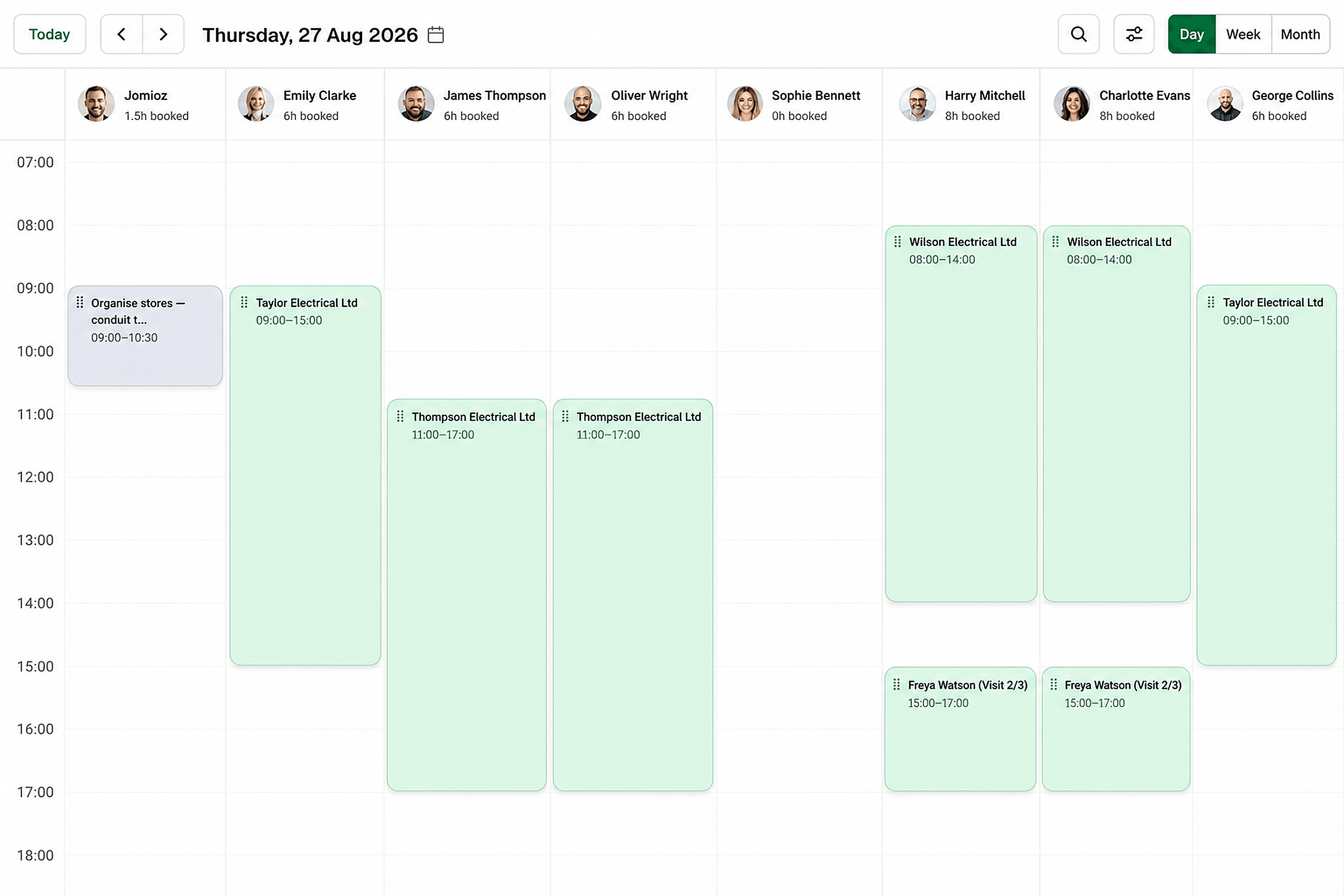 Jomioz day schedule — crew columns with jobs, visits, and hours booked